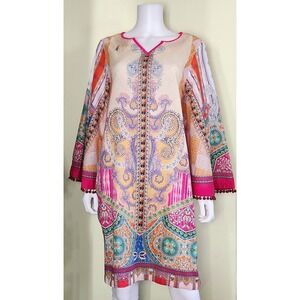 Vibrant Multicolor Printed Tunic with Pink Trim